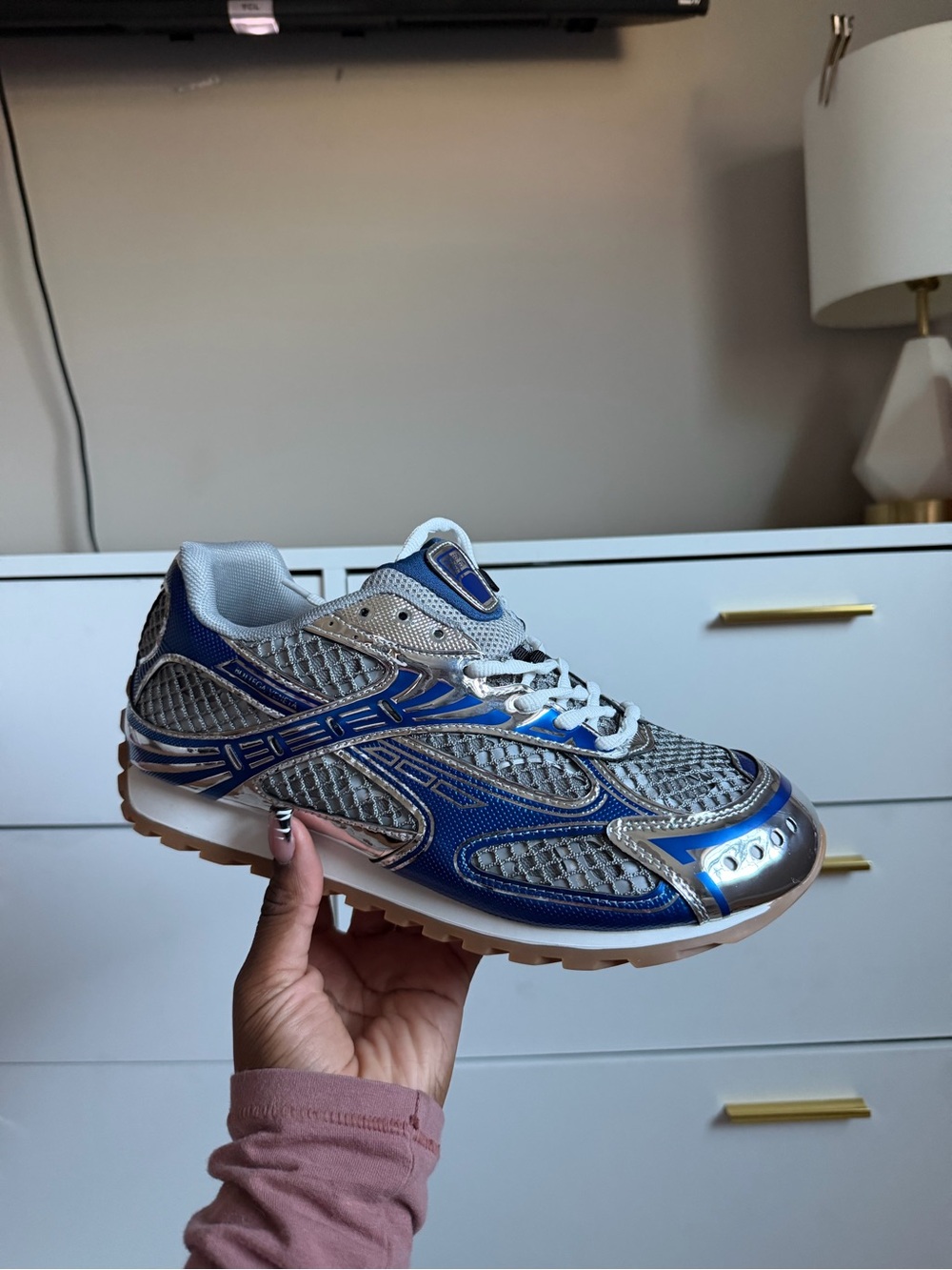 Bottega Veneta Men's Blue and Silver Mesh Sneakers